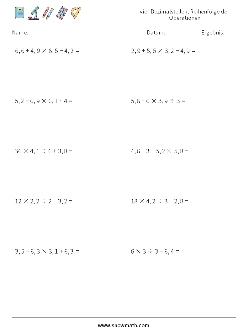 (10) vier Dezimalstellen, Reihenfolge der Operationen Mathe-Arbeitsblätter 7