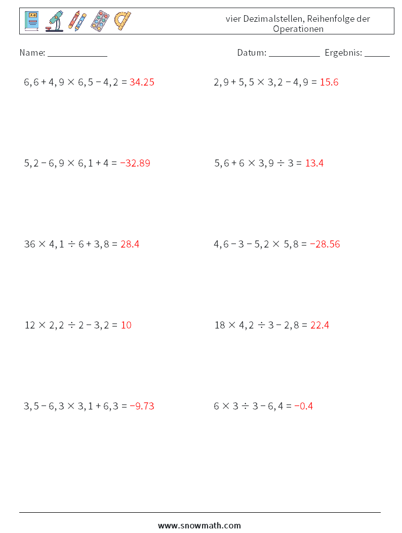 (10) vier Dezimalstellen, Reihenfolge der Operationen Mathe-Arbeitsblätter 7 Frage, Antwort