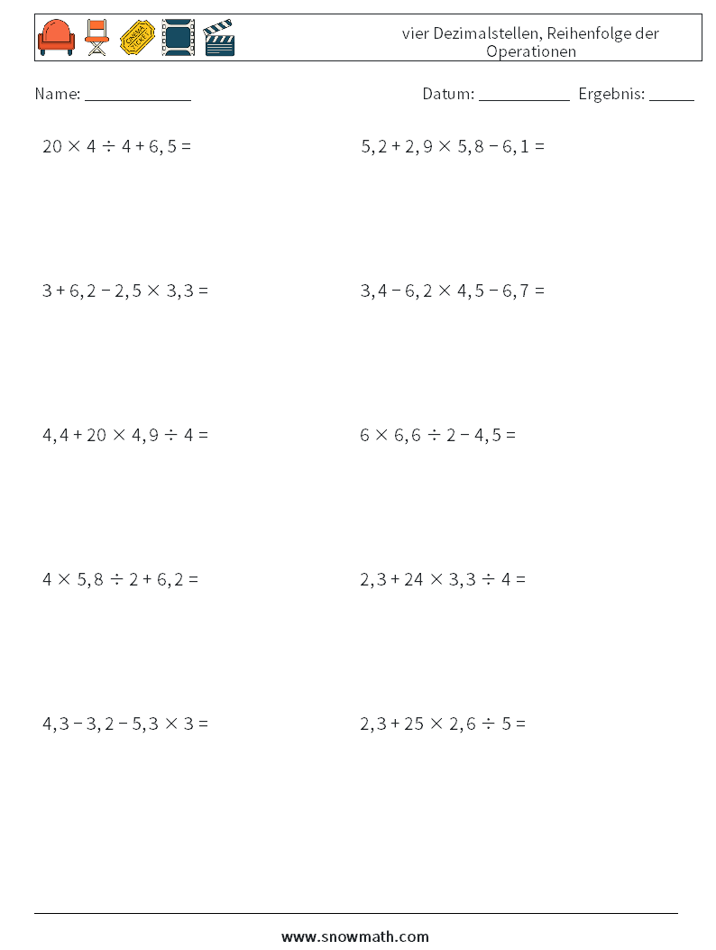 (10) vier Dezimalstellen, Reihenfolge der Operationen Mathe-Arbeitsblätter 8