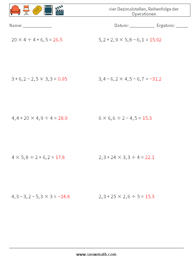 (10) vier Dezimalstellen, Reihenfolge der Operationen Mathe-Arbeitsblätter 8 Frage, Antwort