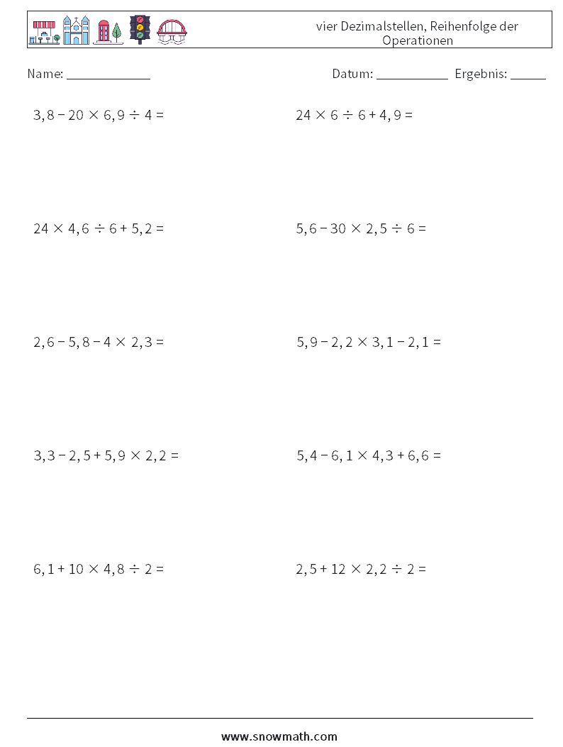 (10) vier Dezimalstellen, Reihenfolge der Operationen Mathe-Arbeitsblätter 9
