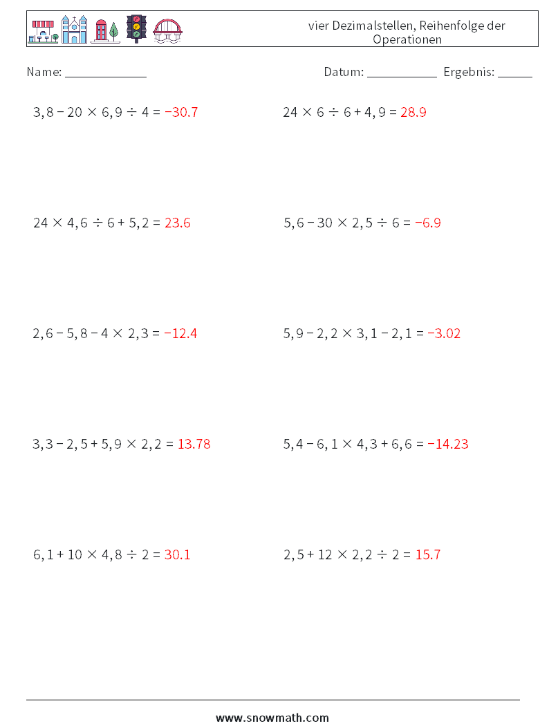 (10) vier Dezimalstellen, Reihenfolge der Operationen Mathe-Arbeitsblätter 9 Frage, Antwort