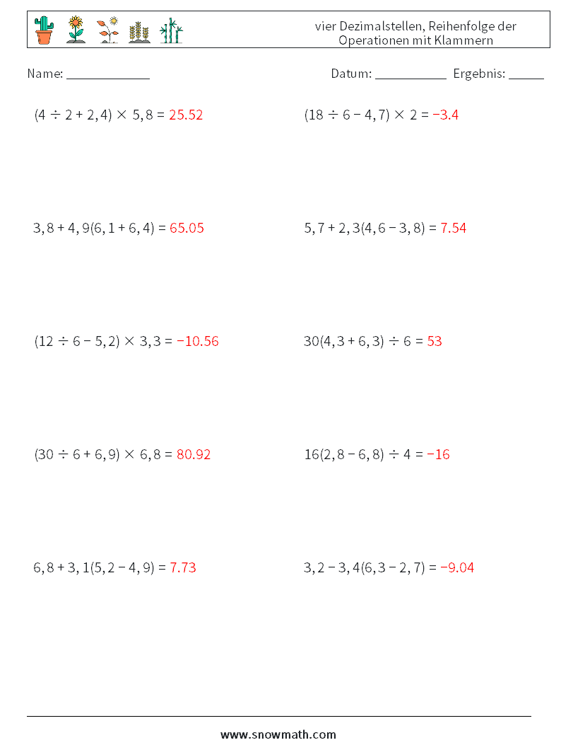 (10) vier Dezimalstellen, Reihenfolge der Operationen mit Klammern Mathe-Arbeitsblätter 10 Frage, Antwort