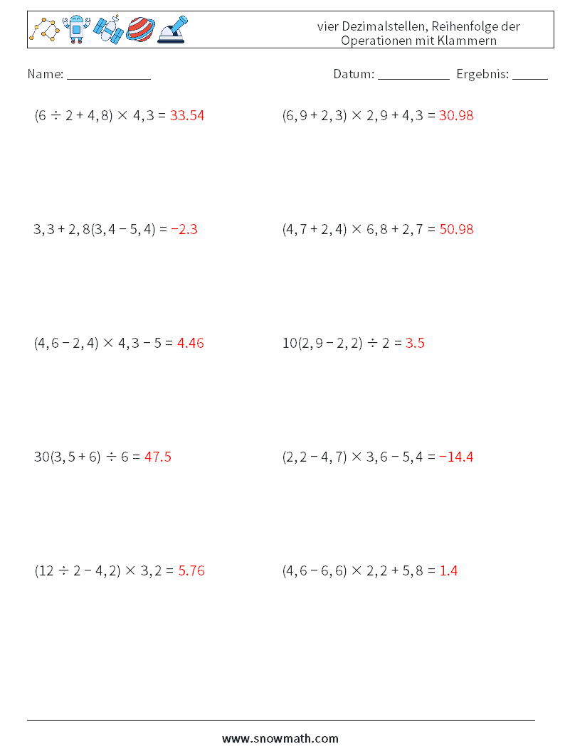 (10) vier Dezimalstellen, Reihenfolge der Operationen mit Klammern Mathe-Arbeitsblätter 14 Frage, Antwort