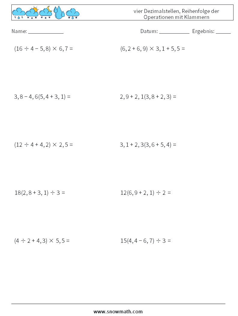 (10) vier Dezimalstellen, Reihenfolge der Operationen mit Klammern Mathe-Arbeitsblätter 8