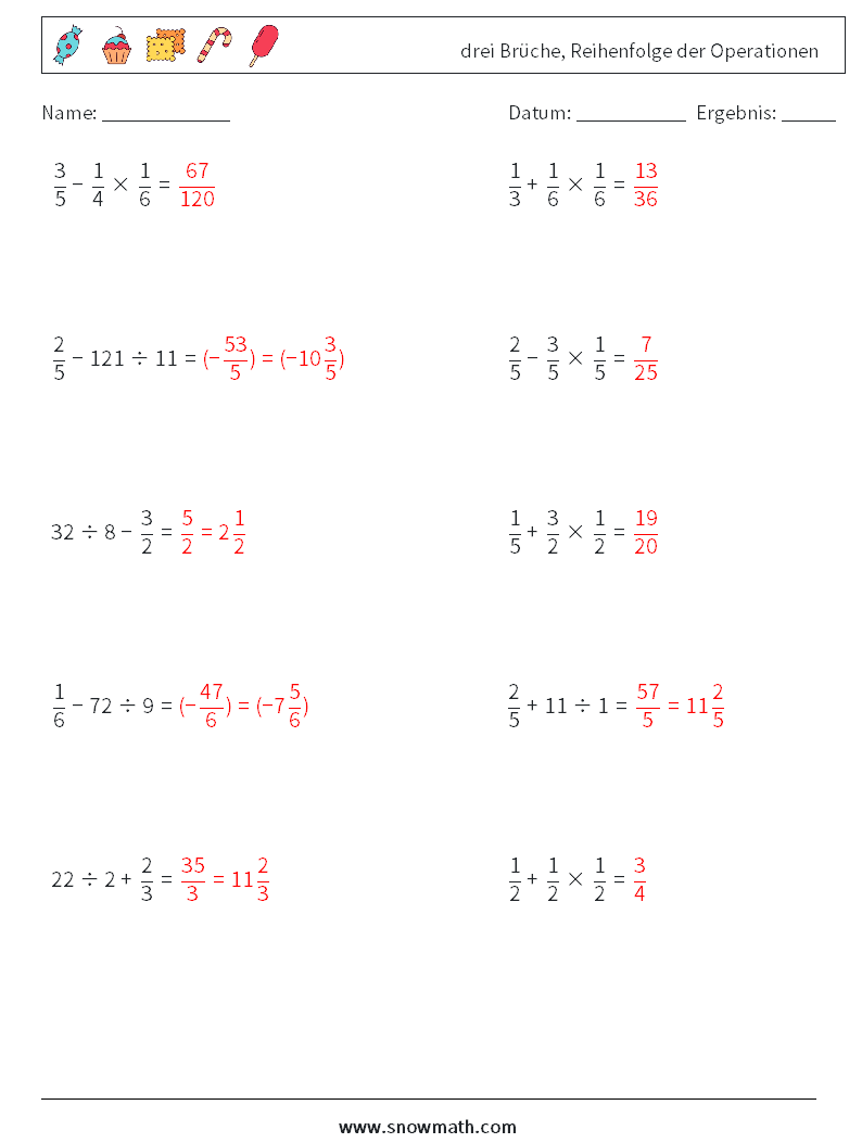 (10) drei Brüche, Reihenfolge der Operationen Mathe-Arbeitsblätter 11 Frage, Antwort