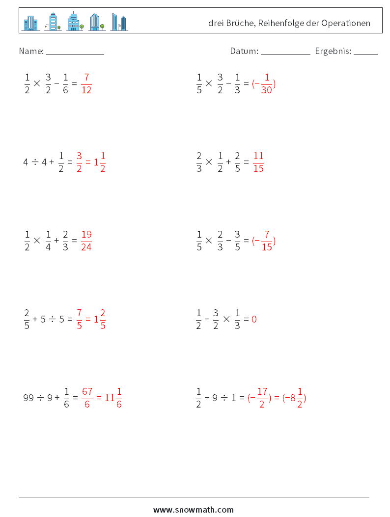 (10) drei Brüche, Reihenfolge der Operationen Mathe-Arbeitsblätter 12 Frage, Antwort