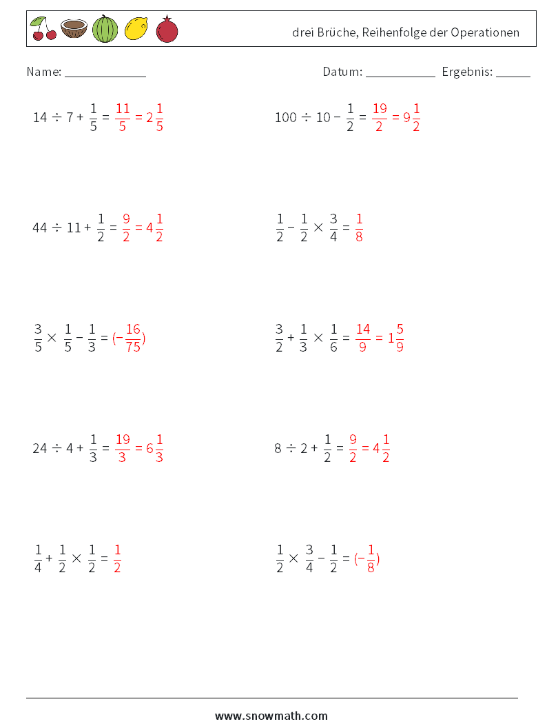 (10) drei Brüche, Reihenfolge der Operationen Mathe-Arbeitsblätter 13 Frage, Antwort