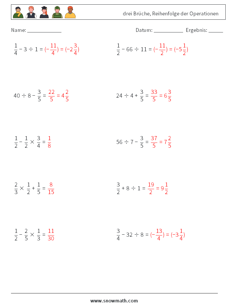 (10) drei Brüche, Reihenfolge der Operationen Mathe-Arbeitsblätter 14 Frage, Antwort