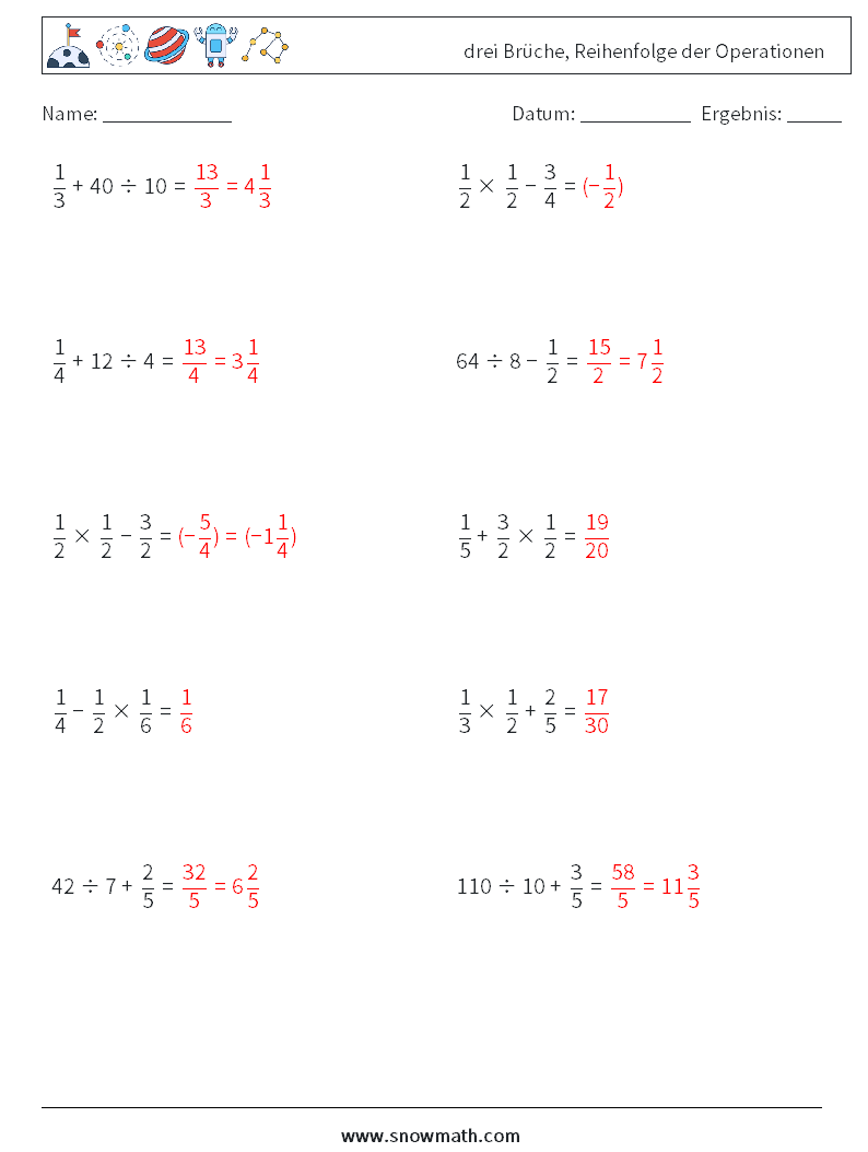 (10) drei Brüche, Reihenfolge der Operationen Mathe-Arbeitsblätter 17 Frage, Antwort