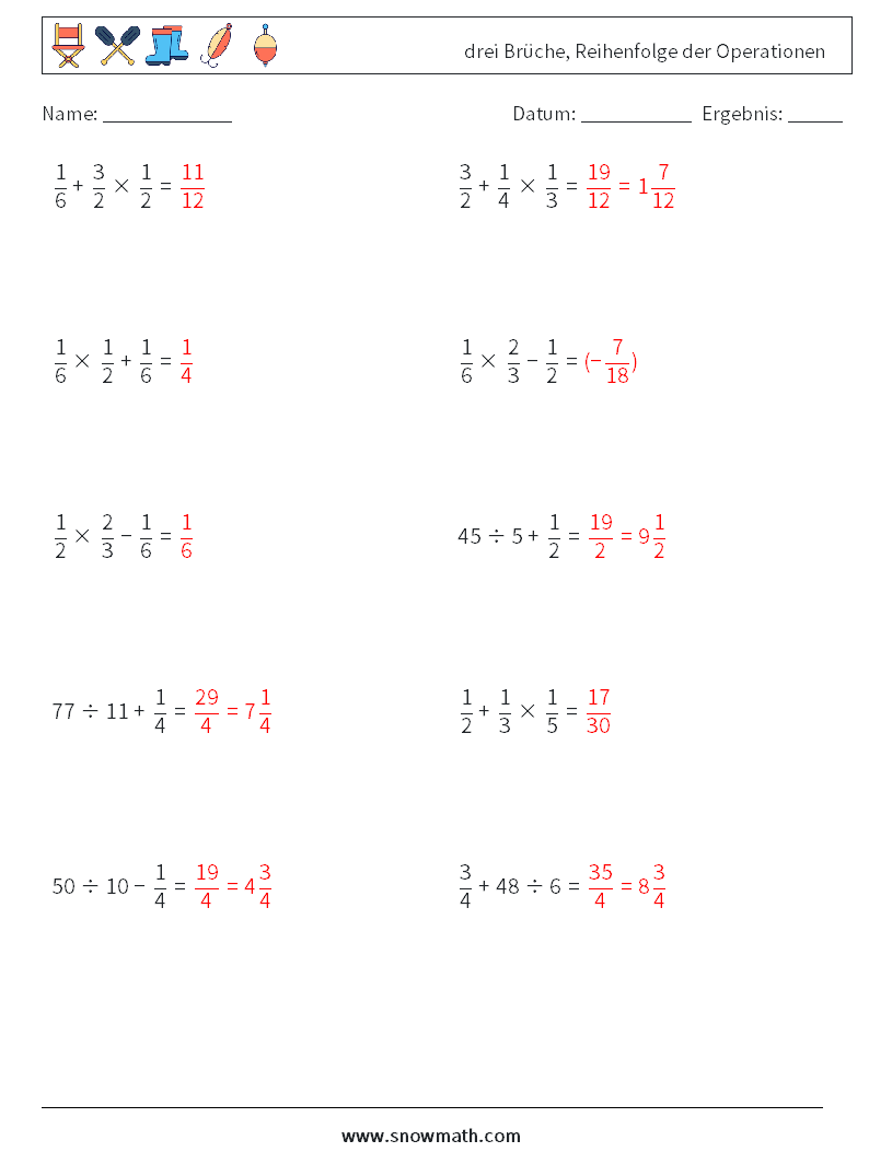 (10) drei Brüche, Reihenfolge der Operationen Mathe-Arbeitsblätter 9 Frage, Antwort