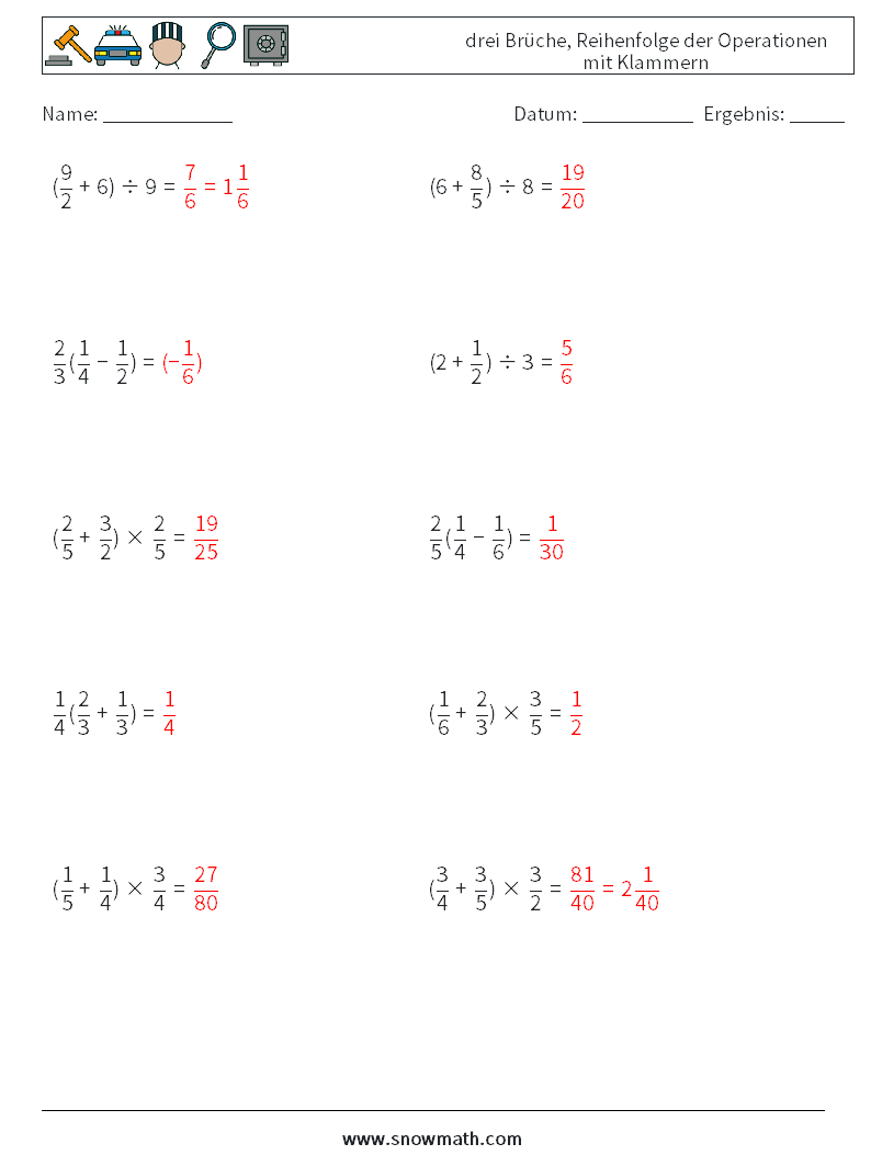 (10) drei Brüche, Reihenfolge der Operationen mit Klammern Mathe-Arbeitsblätter 13 Frage, Antwort