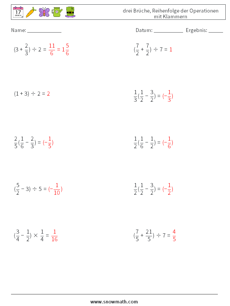 (10) drei Brüche, Reihenfolge der Operationen mit Klammern Mathe-Arbeitsblätter 17 Frage, Antwort