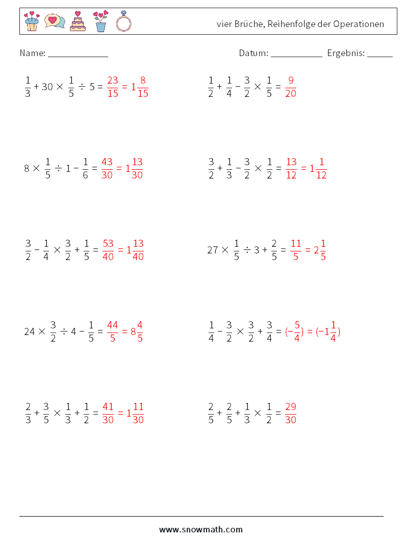 (10) vier Brüche, Reihenfolge der Operationen Mathe-Arbeitsblätter 11 Frage, Antwort