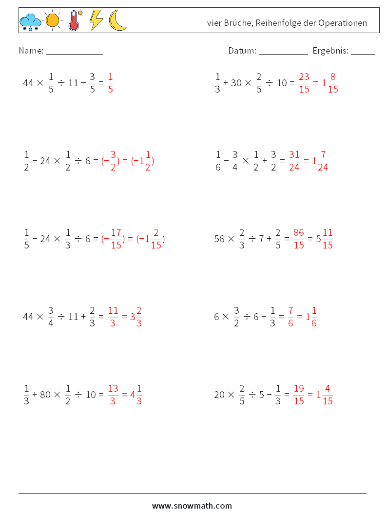 (10) vier Brüche, Reihenfolge der Operationen Mathe-Arbeitsblätter 12 Frage, Antwort