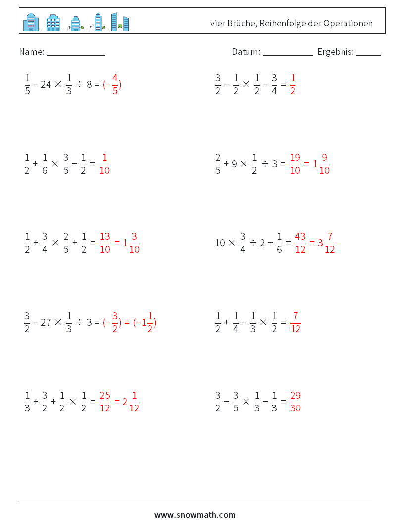 (10) vier Brüche, Reihenfolge der Operationen Mathe-Arbeitsblätter 13 Frage, Antwort