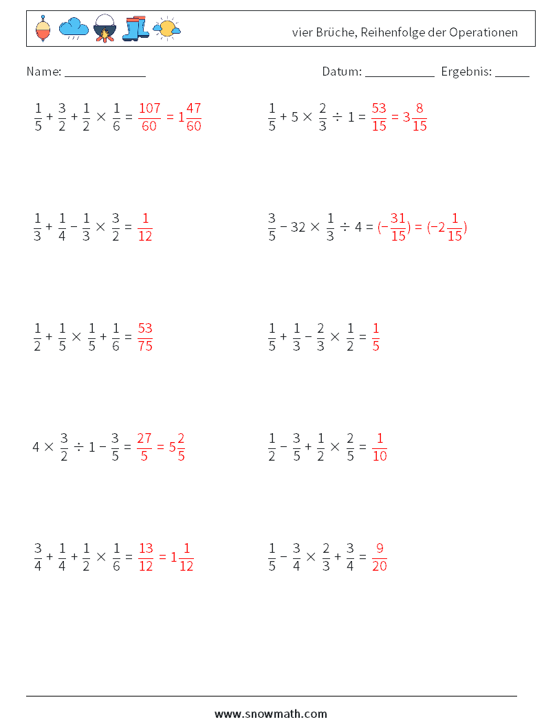 (10) vier Brüche, Reihenfolge der Operationen Mathe-Arbeitsblätter 16 Frage, Antwort