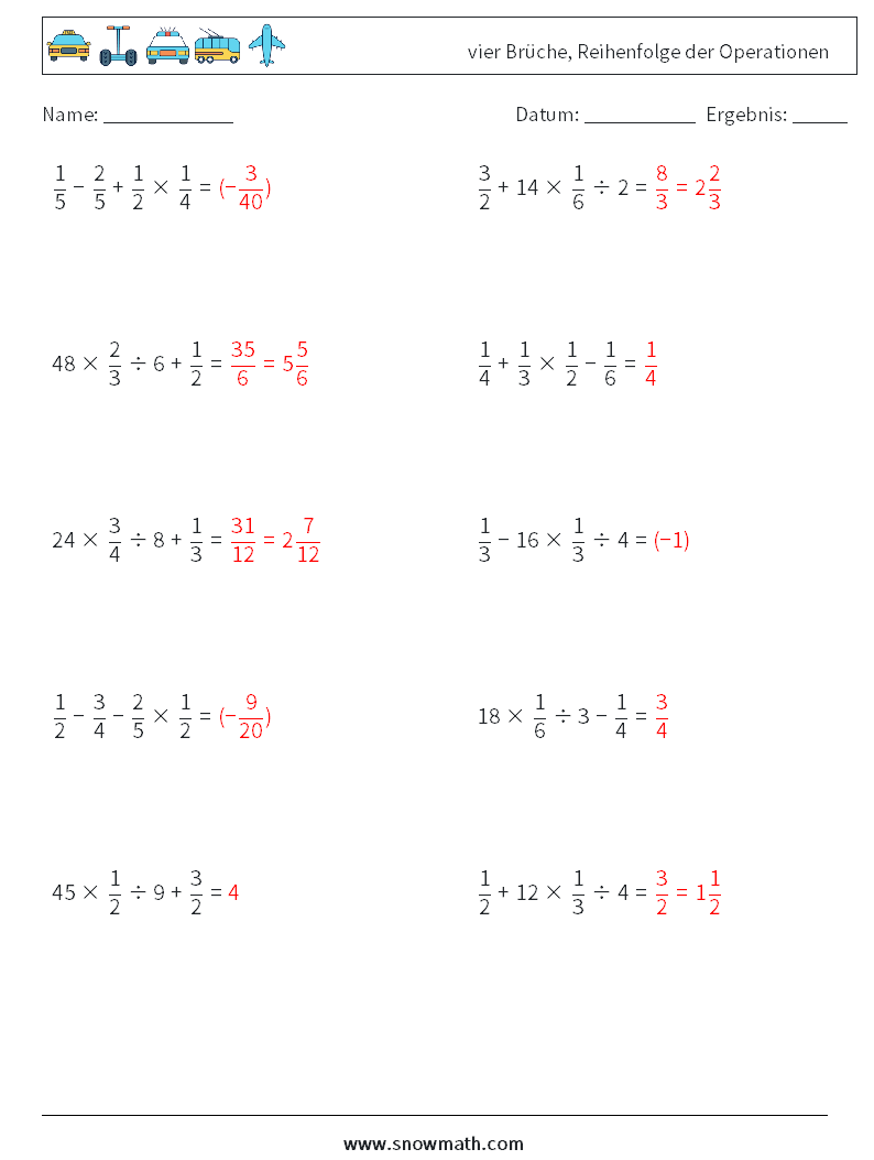 (10) vier Brüche, Reihenfolge der Operationen Mathe-Arbeitsblätter 3 Frage, Antwort