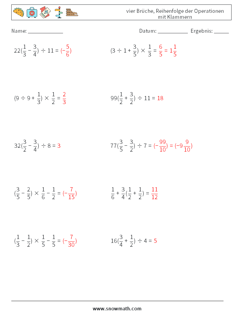 (10) vier Brüche, Reihenfolge der Operationen mit Klammern Mathe-Arbeitsblätter 12 Frage, Antwort