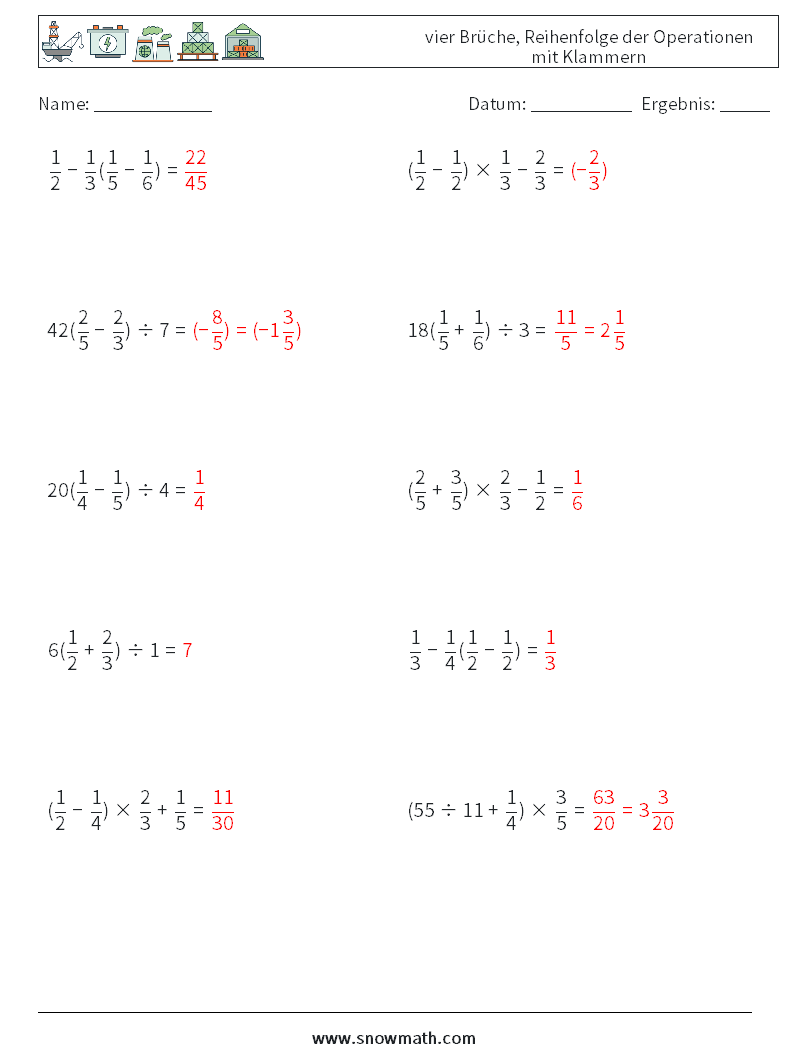 (10) vier Brüche, Reihenfolge der Operationen mit Klammern Mathe-Arbeitsblätter 16 Frage, Antwort