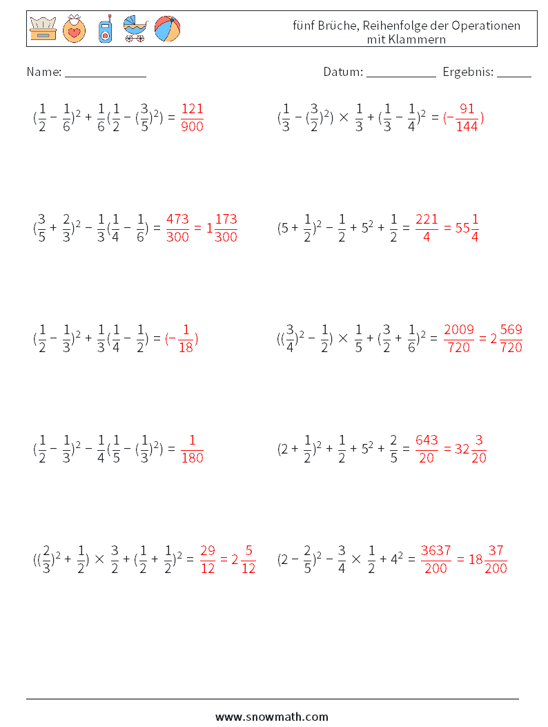 (10) fünf Brüche, Reihenfolge der Operationen mit Klammern Mathe-Arbeitsblätter 12 Frage, Antwort