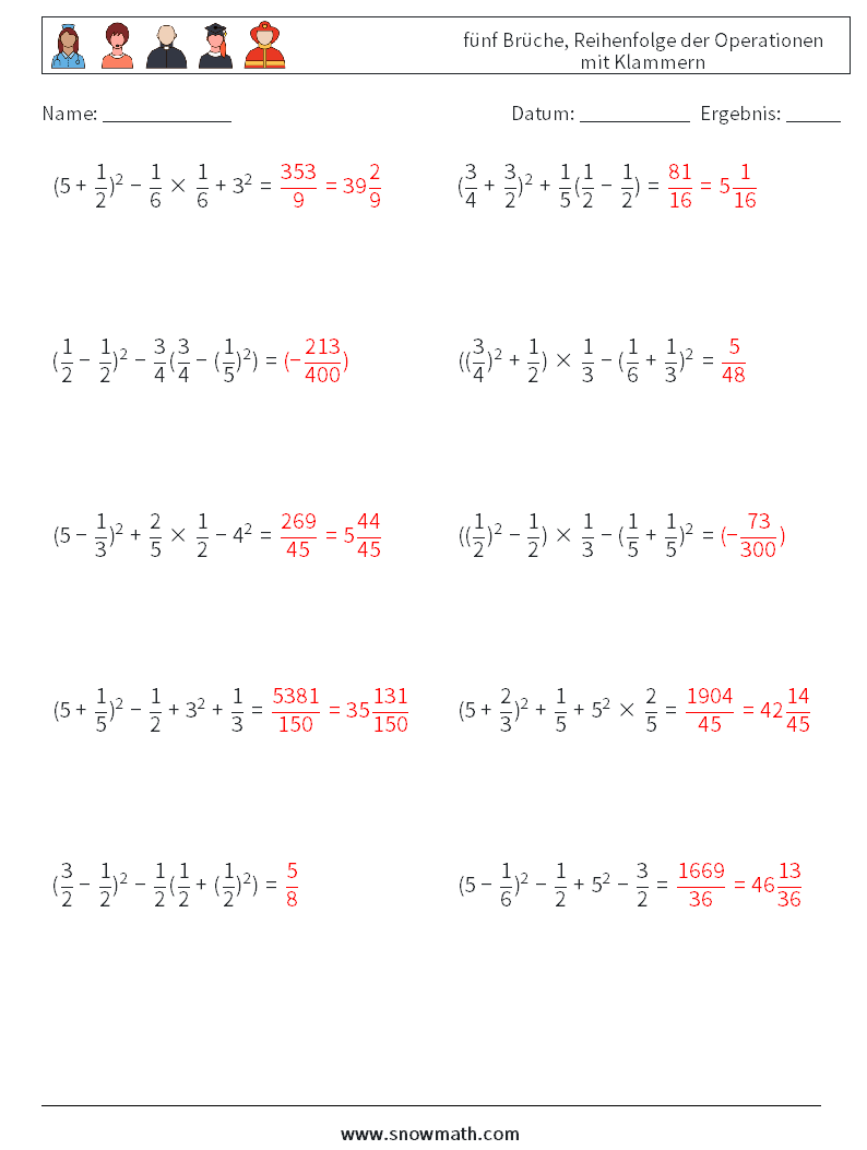 (10) fünf Brüche, Reihenfolge der Operationen mit Klammern Mathe-Arbeitsblätter 15 Frage, Antwort