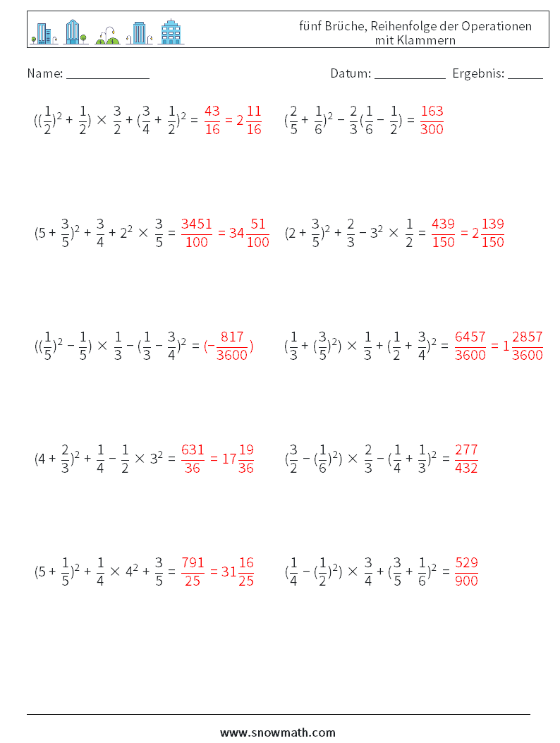 (10) fünf Brüche, Reihenfolge der Operationen mit Klammern Mathe-Arbeitsblätter 17 Frage, Antwort