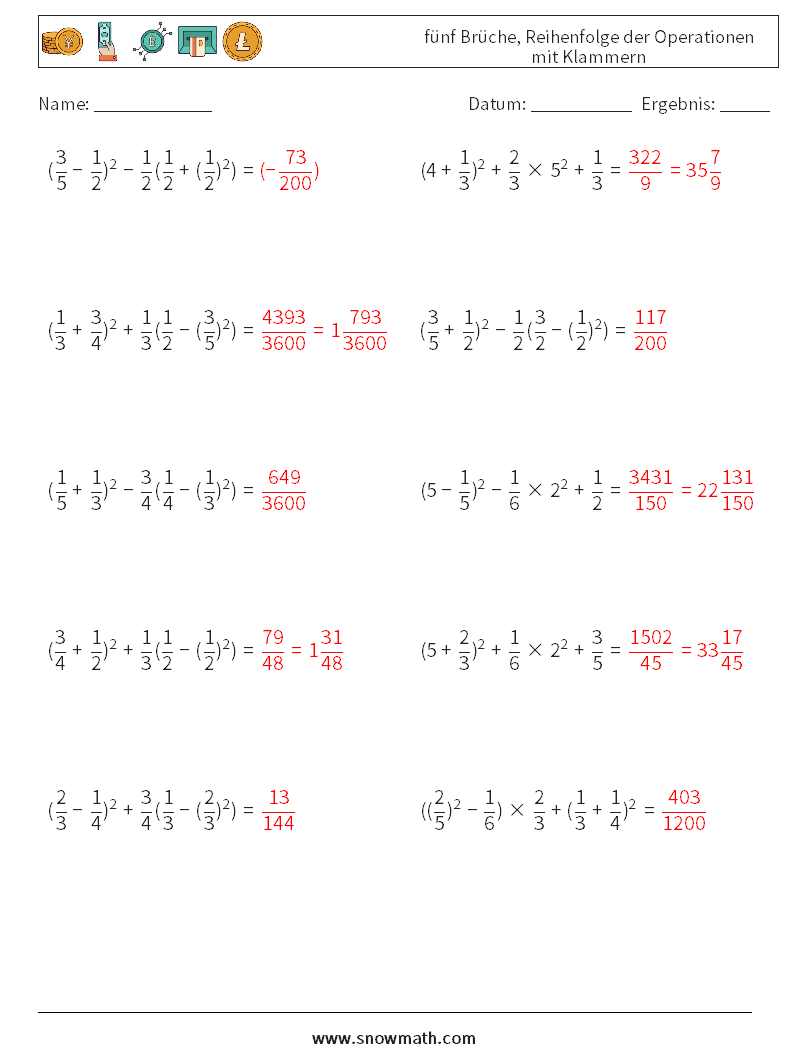 (10) fünf Brüche, Reihenfolge der Operationen mit Klammern Mathe-Arbeitsblätter 18 Frage, Antwort