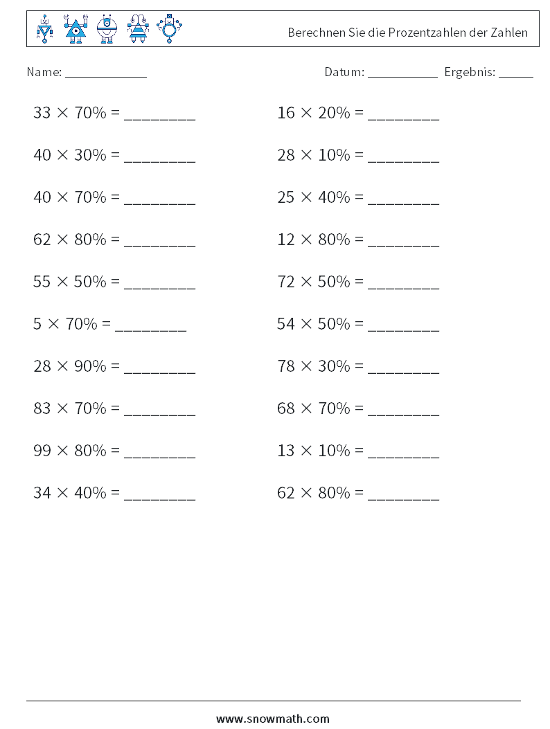 Berechnen Sie die Prozentzahlen der Zahlen Mathe-Arbeitsblätter 2