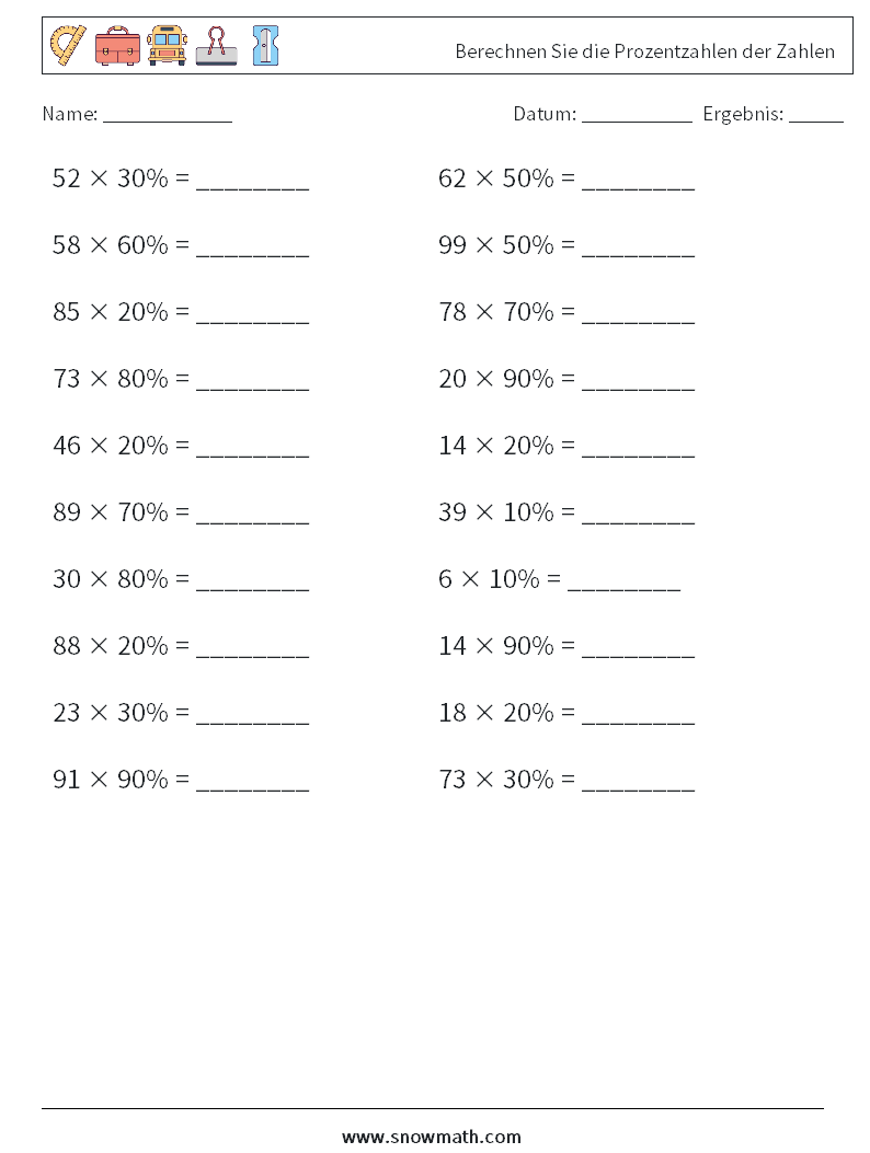 Berechnen Sie die Prozentzahlen der Zahlen Mathe-Arbeitsblätter 3
