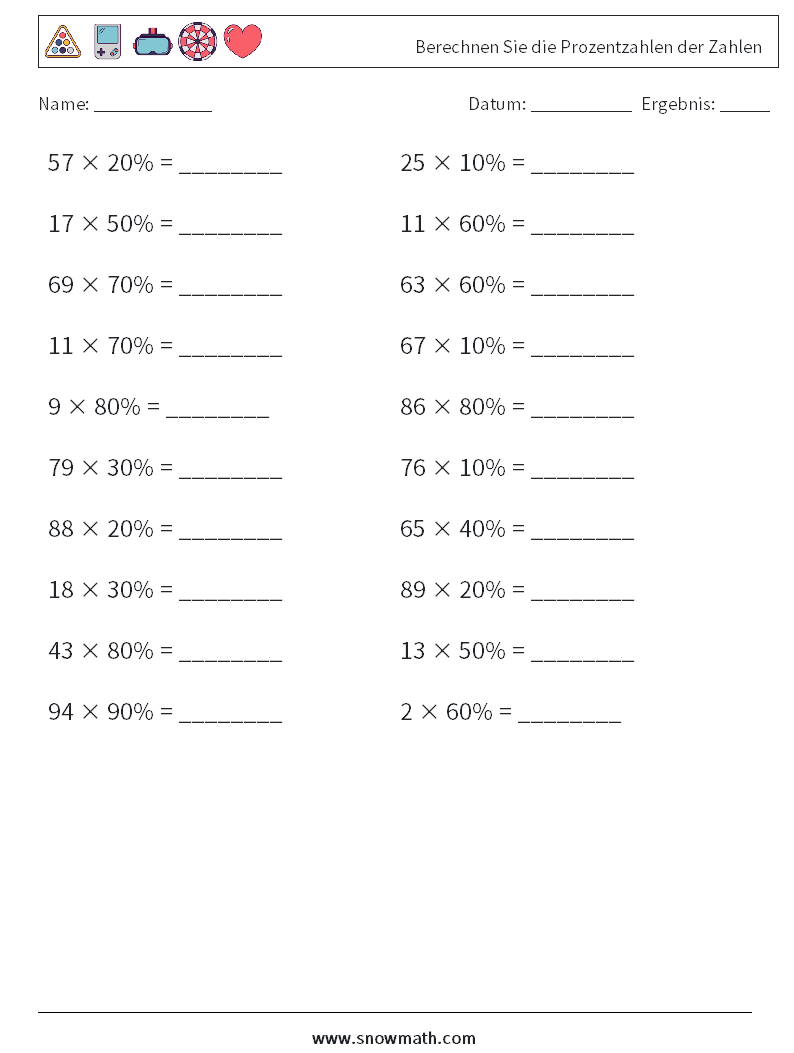 Berechnen Sie die Prozentzahlen der Zahlen Mathe-Arbeitsblätter 5
