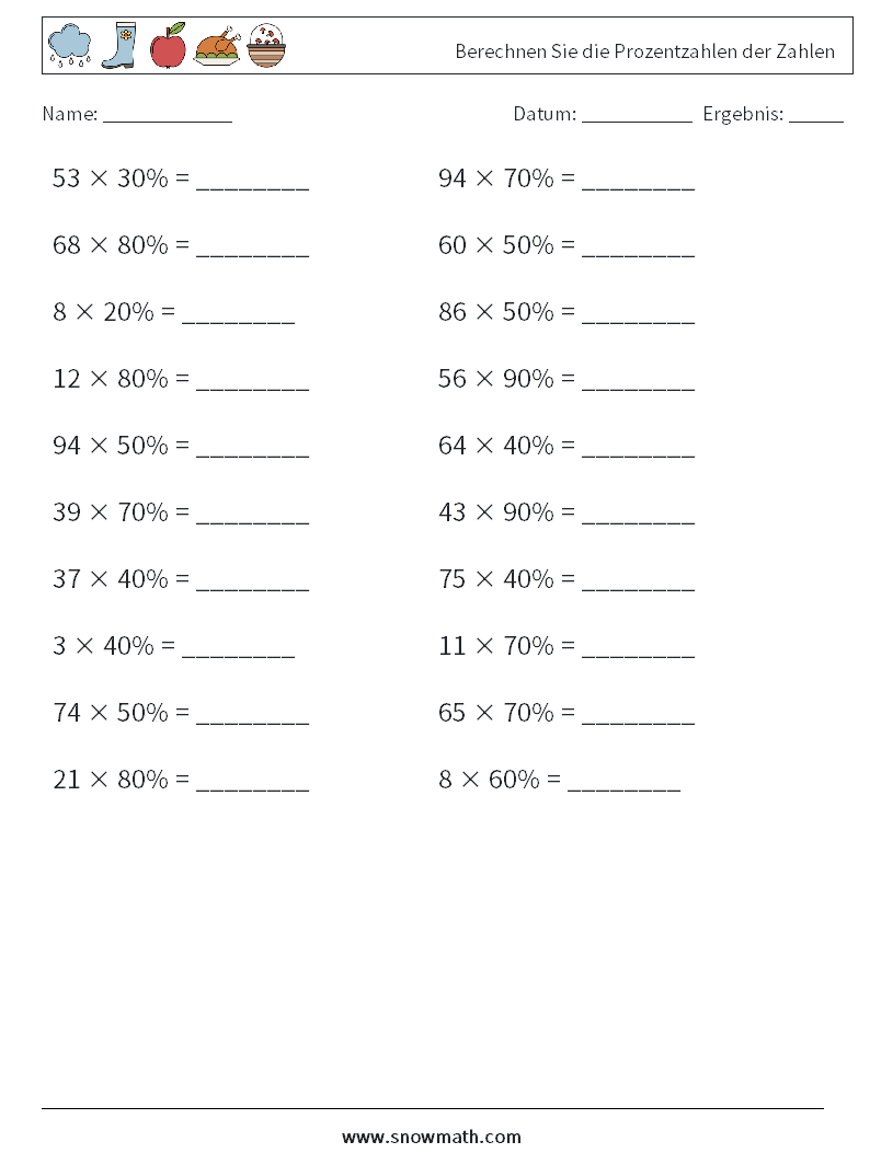 Berechnen Sie die Prozentzahlen der Zahlen Mathe-Arbeitsblätter 8