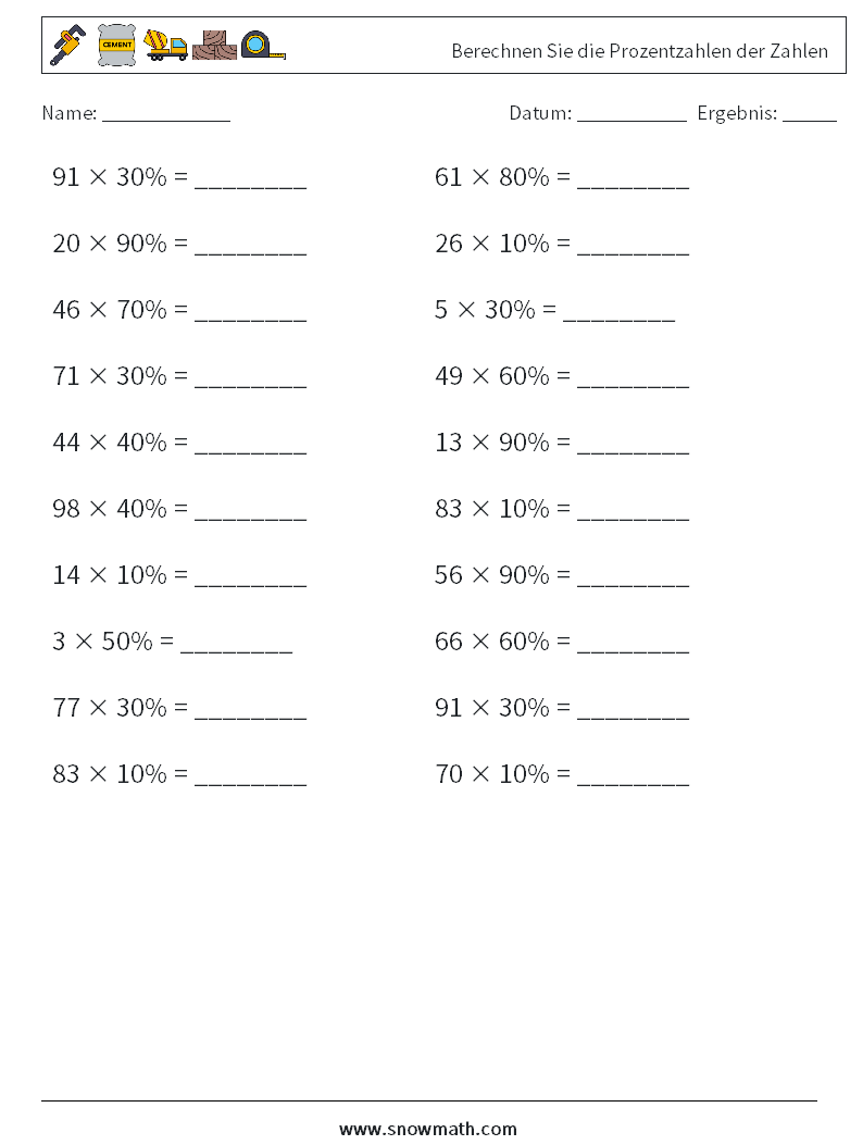 Berechnen Sie die Prozentzahlen der Zahlen Mathe-Arbeitsblätter 9