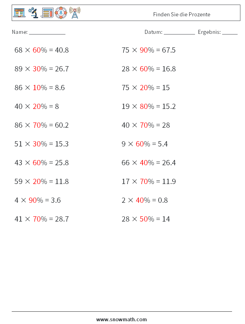 Finden Sie die Prozente Mathe-Arbeitsblätter 5 Frage, Antwort