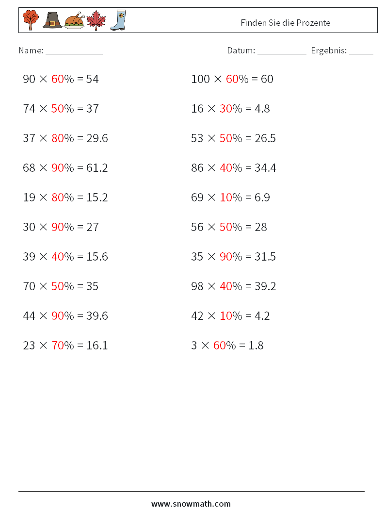 Finden Sie die Prozente Mathe-Arbeitsblätter 6 Frage, Antwort