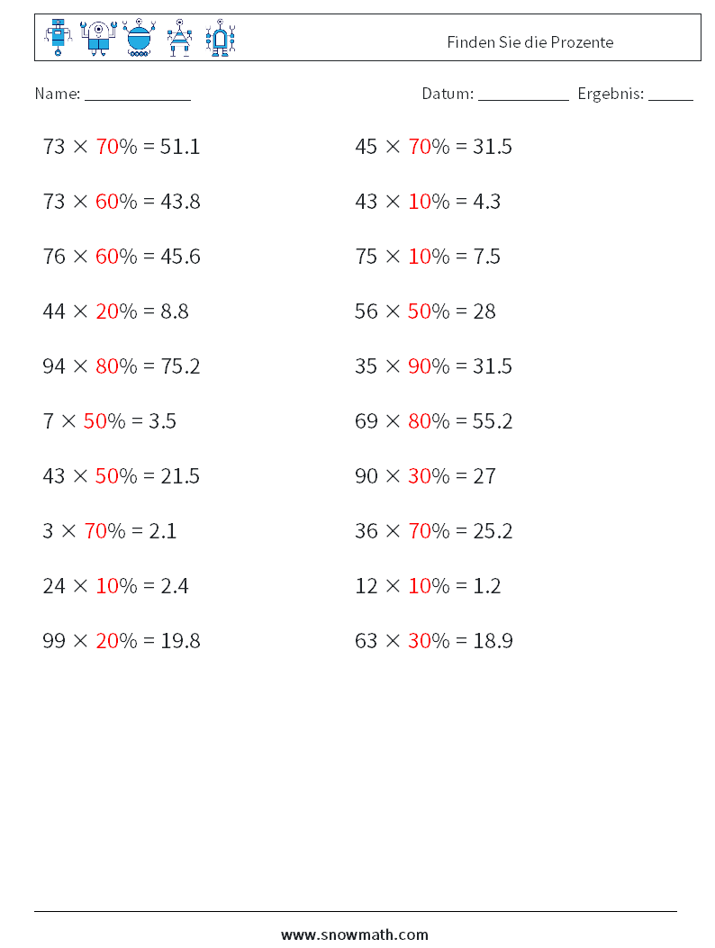 Finden Sie die Prozente Mathe-Arbeitsblätter 8 Frage, Antwort