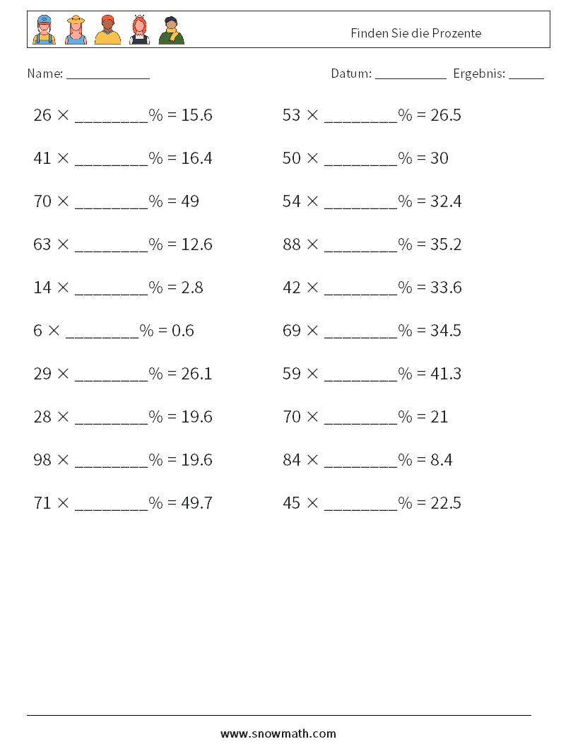 Finden Sie die Prozente Mathe-Arbeitsblätter 9