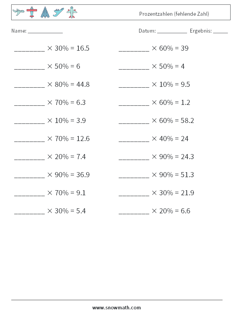 Prozentzahlen (fehlende Zahl) Mathe-Arbeitsblätter 2