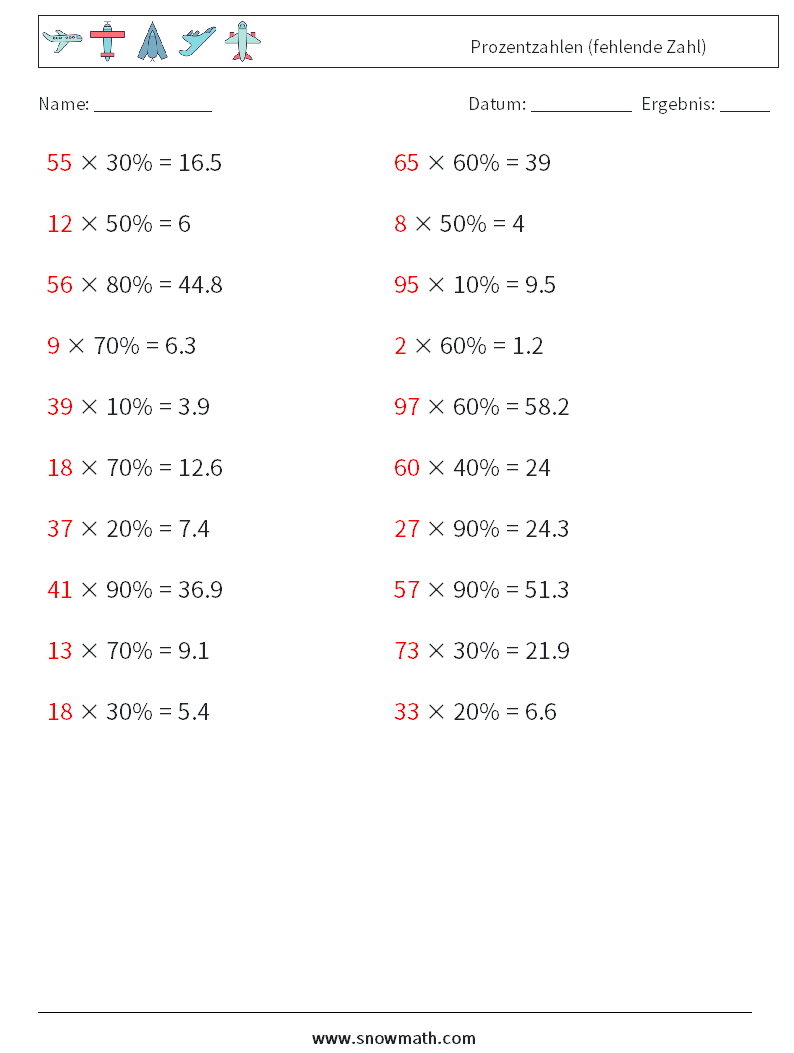 Prozentzahlen (fehlende Zahl) Mathe-Arbeitsblätter 2 Frage, Antwort