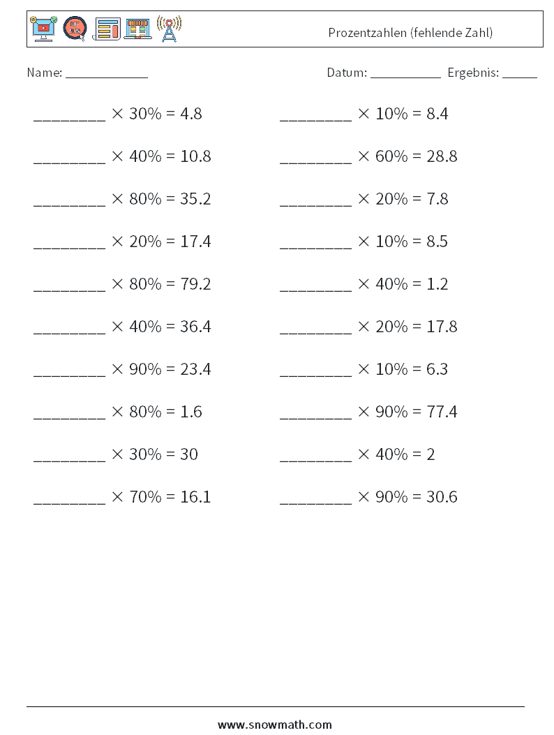 Prozentzahlen (fehlende Zahl) Mathe-Arbeitsblätter 3