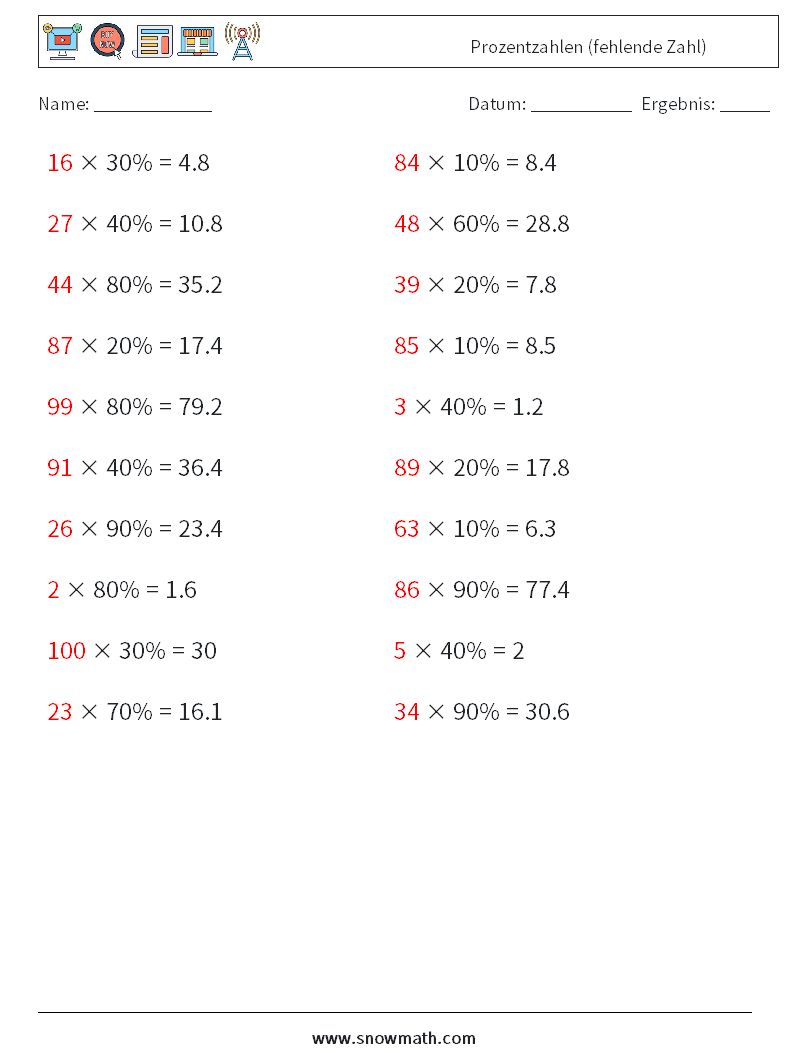 Prozentzahlen (fehlende Zahl) Mathe-Arbeitsblätter 3 Frage, Antwort