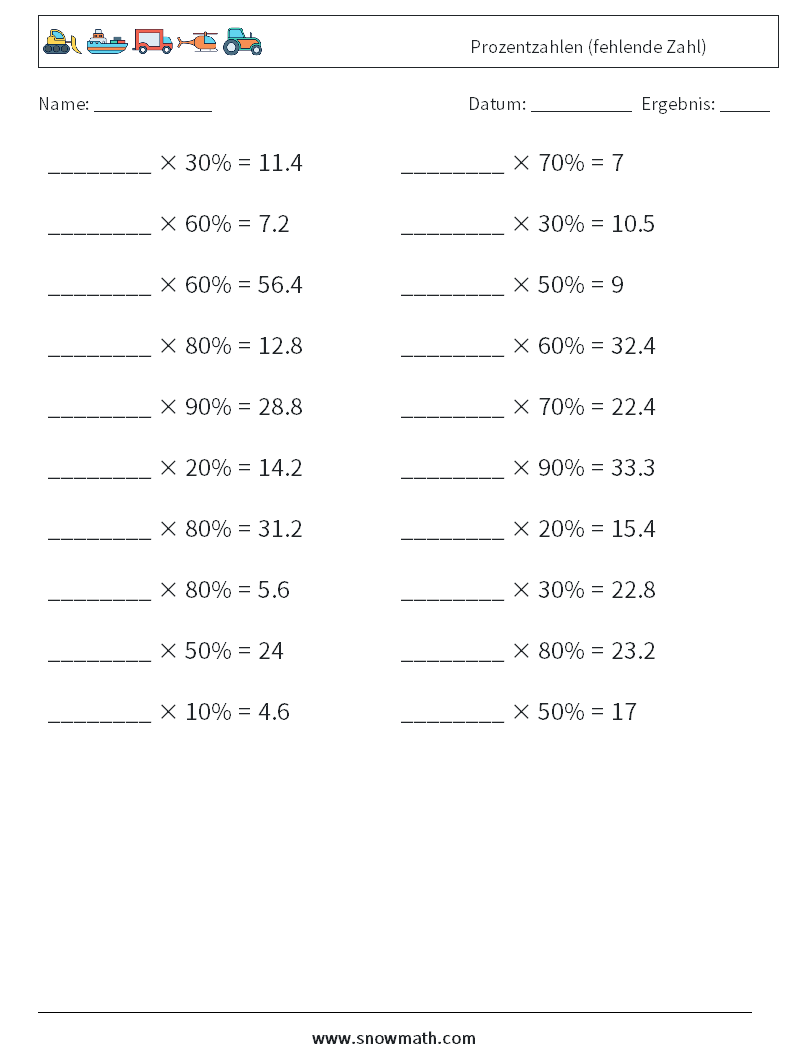 Prozentzahlen (fehlende Zahl) Mathe-Arbeitsblätter 4