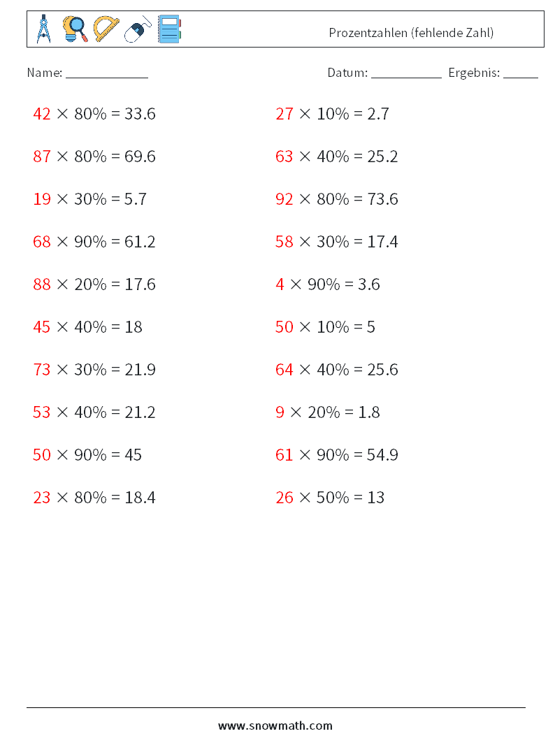 Prozentzahlen (fehlende Zahl) Mathe-Arbeitsblätter 5 Frage, Antwort