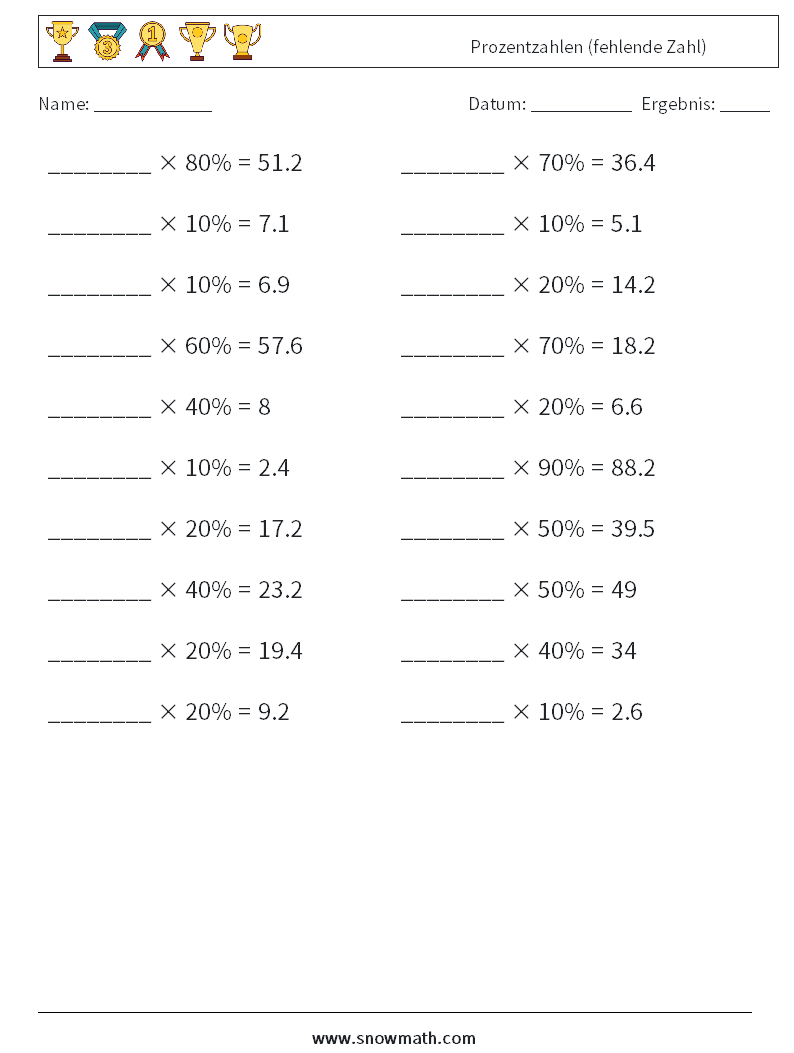 Prozentzahlen (fehlende Zahl) Mathe-Arbeitsblätter 6