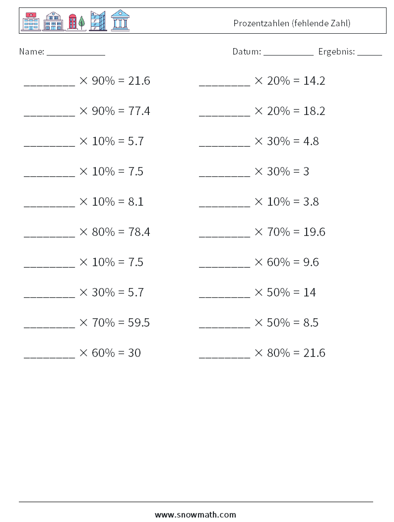 Prozentzahlen (fehlende Zahl) Mathe-Arbeitsblätter 7