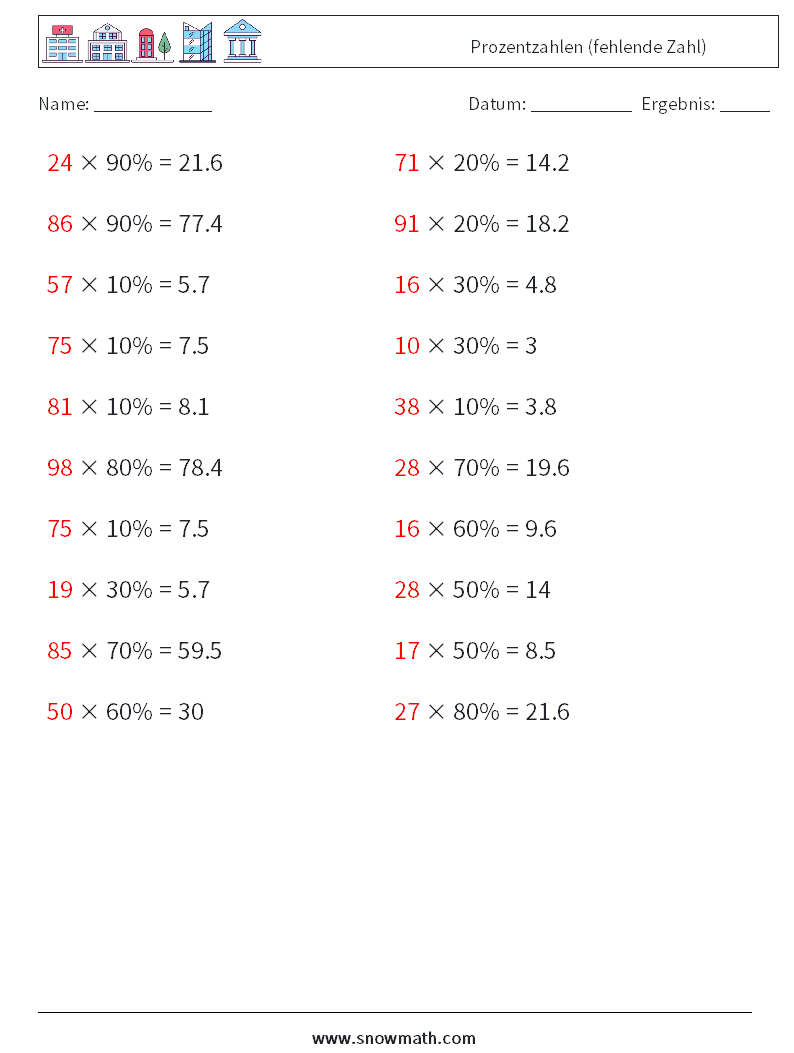 Prozentzahlen (fehlende Zahl) Mathe-Arbeitsblätter 7 Frage, Antwort