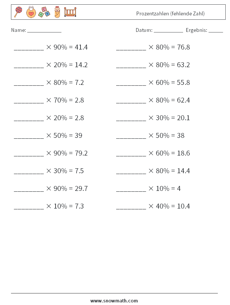 Prozentzahlen (fehlende Zahl) Mathe-Arbeitsblätter 8