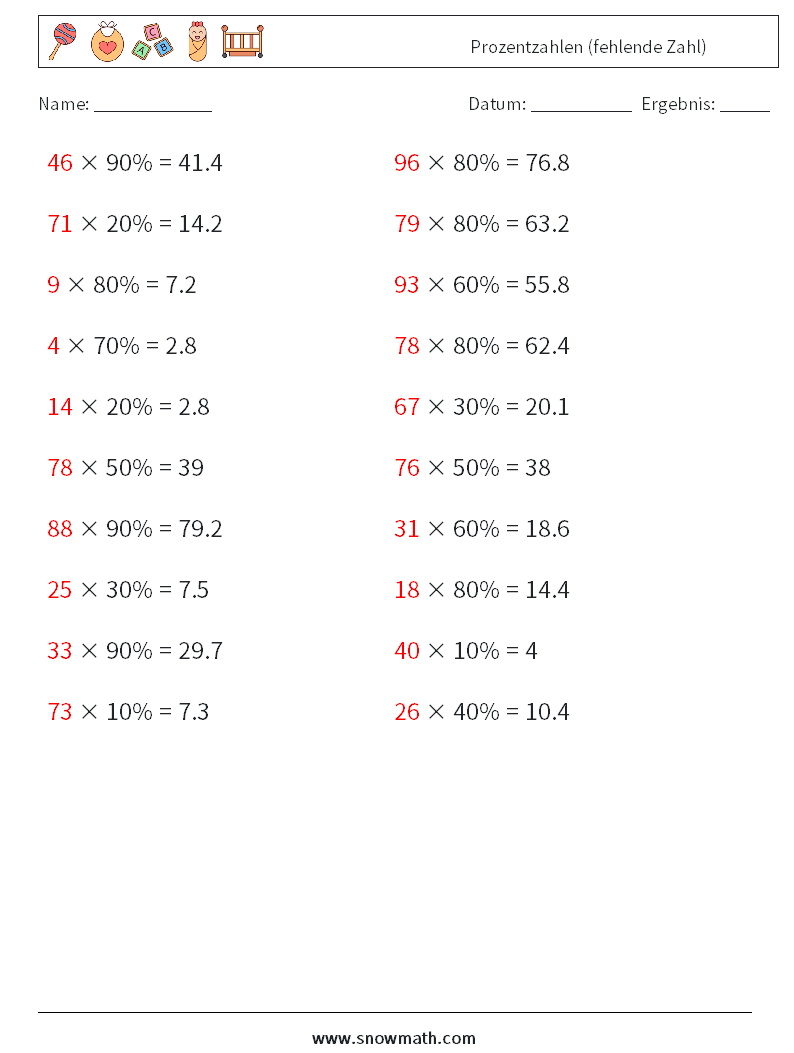 Prozentzahlen (fehlende Zahl) Mathe-Arbeitsblätter 8 Frage, Antwort