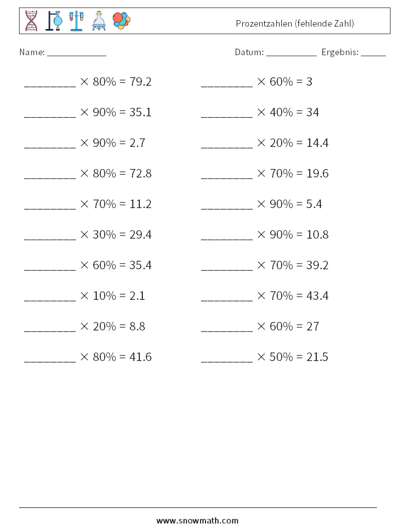 Prozentzahlen (fehlende Zahl) Mathe-Arbeitsblätter 9