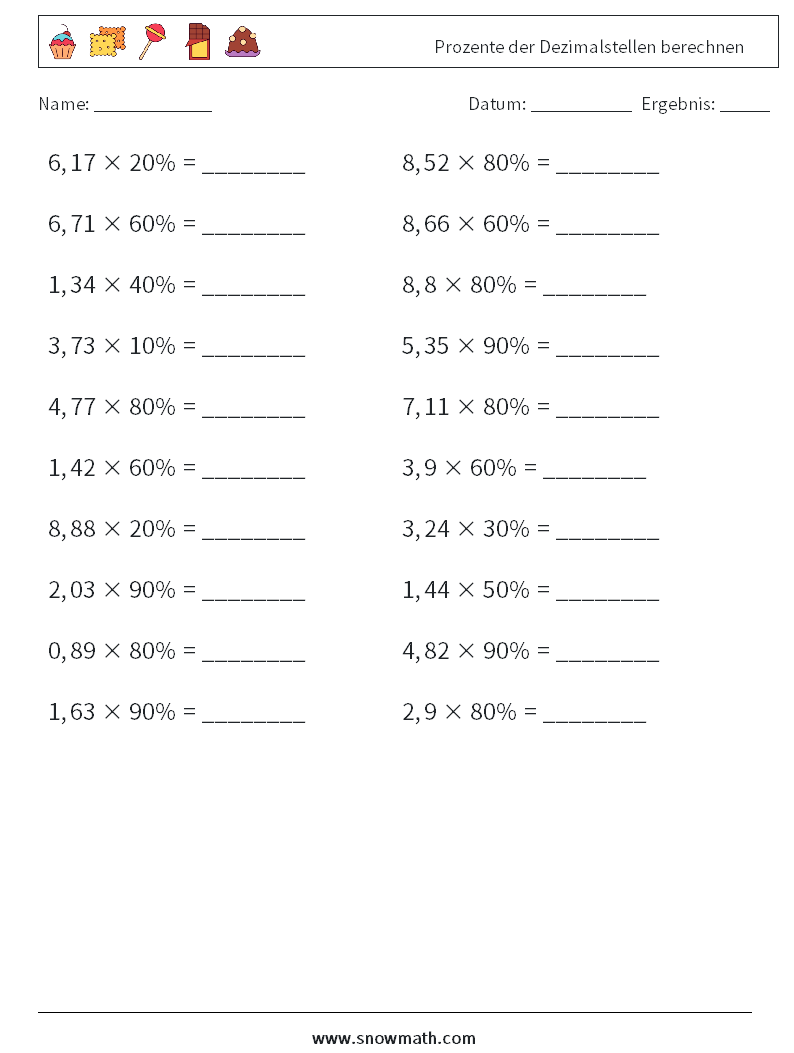 Prozente der Dezimalstellen berechnen Mathe-Arbeitsblätter 5